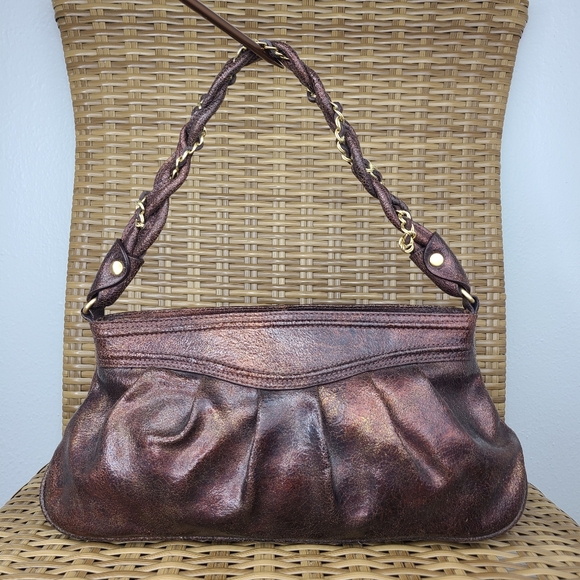 Elliott Lucca Bag Shoulder Handbag Leather Distressed Maroon Gold Hardware Braid - Picture 4 of 15